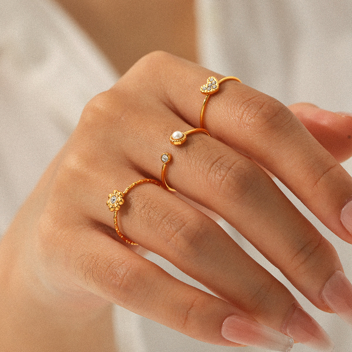 Flower, Heart & Pearl Ring Set